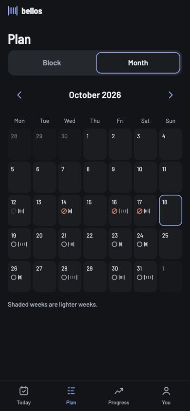 Bellos monthly calendar showing scheduled training sessions and rest days.