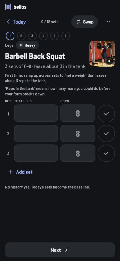 Bellos workout view with barbell back squat guidance and fields for logging weight and repetitions across three sets.