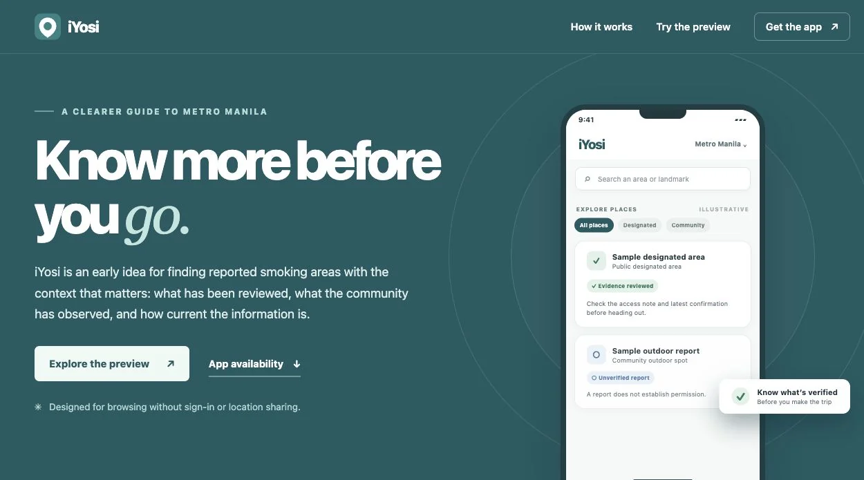 iYosi landing preview with the heading Know more before you go and an illustrative phone screen distinguishing reviewed designated areas from unverified community reports.