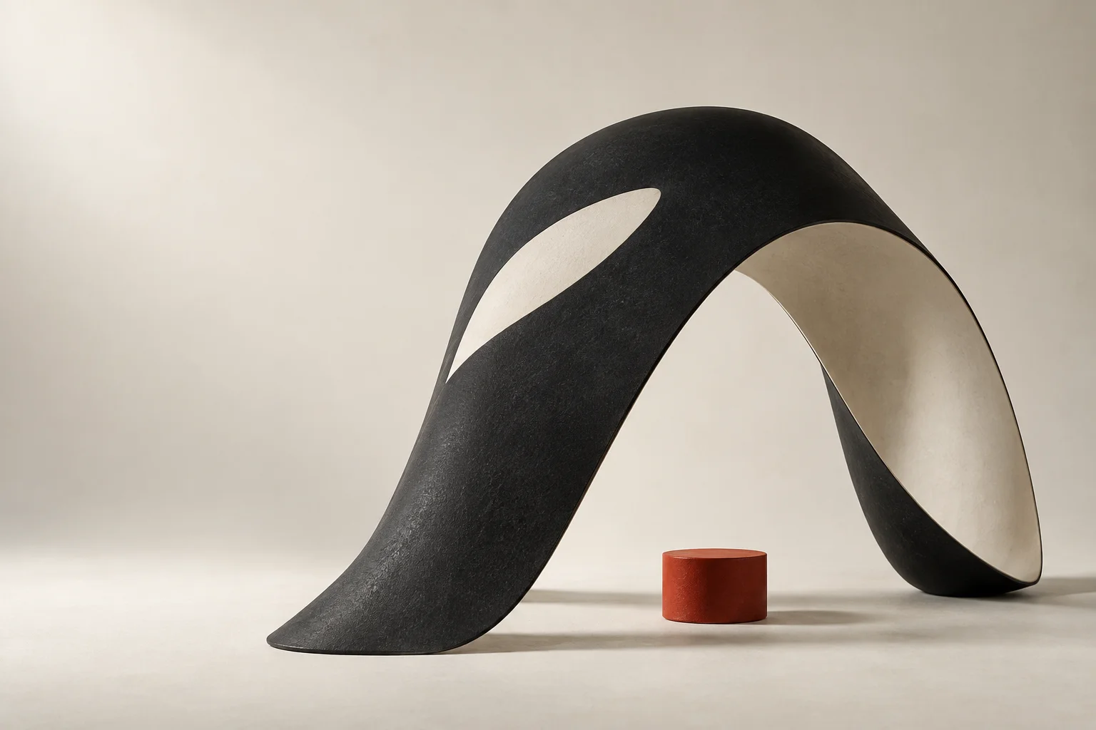 An abstract orca sculpture assembled from curved black and ivory forms around a vivid vermilion cylinder.